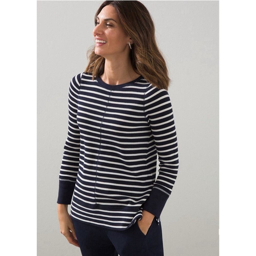 Chicos Zenergy Blue White Striped Waffle Knit Thermal Top Womens 4 US XXL